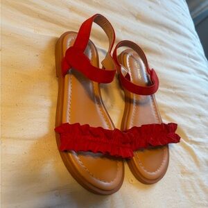 Red Ruffle Strap Flat Sandals